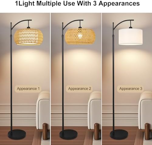 Arc Floor Lamps for Living Room Rattan Boho Floor Lamp with Remote Control,Dimmable LED Floor Lamp Wicker Lamp Shades Black Standing Lamp with 3 Color Temperature Tall Floor Lamps For Bedroom Corner