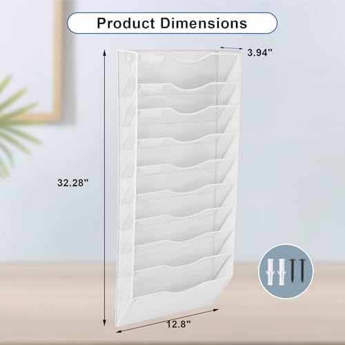 EASEPRES 10 Pocket Mesh Hanging Wall File Organizer, Wall Mounted Mail Paper Document Folder Holder, Clipboard Storage Organization Magazine Rack with Nametag Label for Office Home School, White
