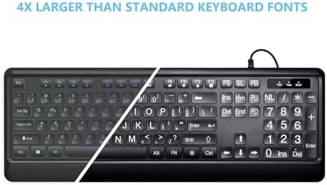 KOPJIPPOM Large Print Backlit Keyboard, USB Wired Computer Keyboard, Full Size Keyboard with White Illuminated LED Compatible for Windows Desktop, Laptop, PC, Gaming, Black