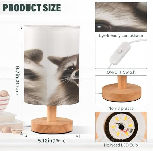 Bedside Lamp Raccoon Family Table Lamp for Bedroom LED Nightstand Lamp Shade USB Ports Wood Base for Living Room Dorm Office