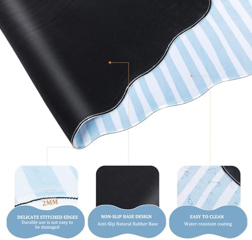 L-SPOUTTO Blue Striped Mouse Pad Set,Scalloped XXL Desk Mat + Ergonomic Mouse Wrist Rest + Gel Keyboard Wrist Rest for Keyboard 65%/75%,3in1 Large Desk Pad for Desktop Home Office Computer Game