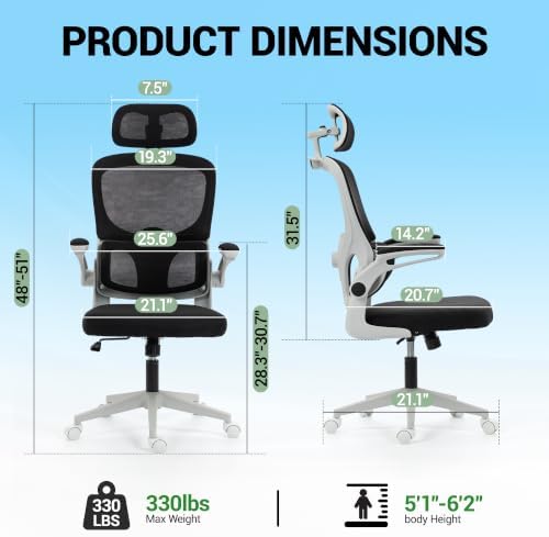Ergonomic Office Chair with Flip-up Arms & Coat Hanger, Grey