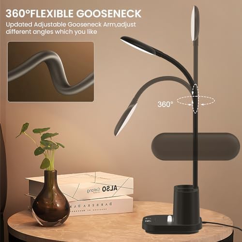 DEEPLITE LED Desk Lamp with USB Adapter Charging, Eye-Caring Study Lamp for Home Office, 3 Color Dimming Brightness Touch Control, Pen/Phone Holder, Flexible Gooseneck Reading Lamp