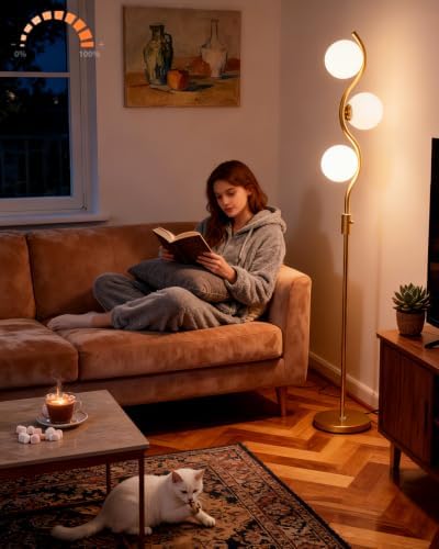 Lightdot 60IN Gold Floor Lamp Stepless Dimmable Globe Floor Lamps with 3Pcs 3000K Bulbs Included Eye-Friendly Mid Century Standing Lamps with 5Lbs Heavy Base for Living Room/Bedroom/Sofa Beside