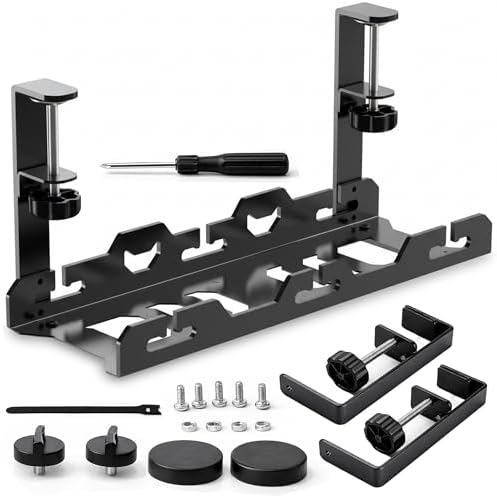 17'' Super Sturdy Cable Tray Under Desk Cord Organizer Standing Desk Cable Management System Large Power Strip Holder Cord Basket With Clamp for Wire Management Rack Office, Home, No Drill & Damage