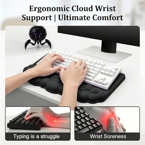 Cloud Keyboard Wrist Rest Set, 3 in 1 Ergonomic Memory Foam Keyboard Stand Pad with Mouse Wrist Support & Cup Holder, Anti-Slip Desk Cushion for Office Gaming Typing Pain Relief,Black