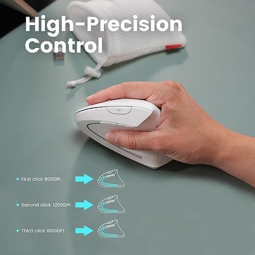 Perixx PERIMICE-813W Bluetooth Vertical Mouse - Wireless 3-in-1 Multi-Device Spec - Travelling Carry Bag - Ergonomic Right-Handed Design - White