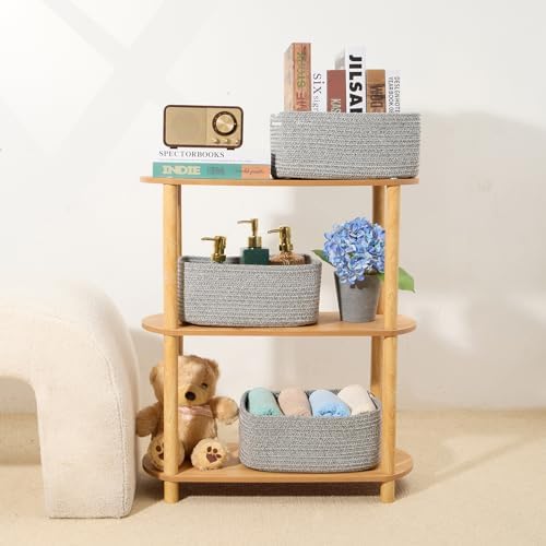 MiniArk Small Storage Baskets for Organizing | Closet Organizer Bins | Shelf Toy Basket | Woven Rope Baskets | Cube Decorative Box | Shallow Basket | 13x8.5x5.1” | 3 Packs Mixed Grey