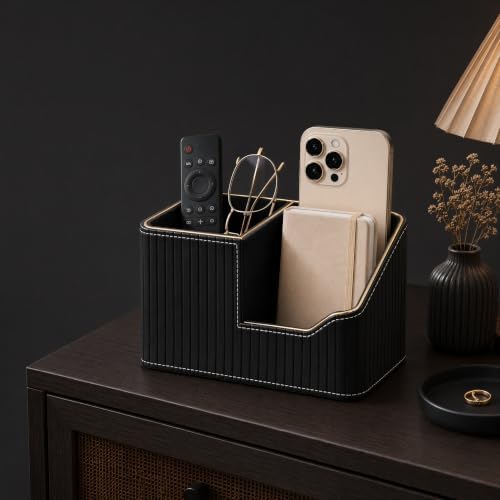 KINGFOM Luxury Black PU Leather Desk Organizer with Gold Trim, Premium Pen Holder for Desk Accessories, Modern Office Supplies Organizer for Home Office Desk Decor