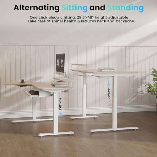EUREKA ERGONOMIC 55 Inch L Shaped Electric Standing Desk, Height Adjustable Computer Gaming Desk with Keyboard Tray, Mouse Pad, Home Office Work, Maple Wood, Left Side