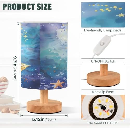 ALAZA Mermaid Starfish Watercolor Decor Bedside Table Lamp with USB Port for Bedroom Nightstand Office Desk LED Bulb Included