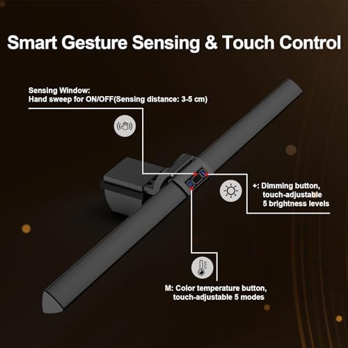 Computer Monitor Lamp 16“, Hand-Sweep Sensor Function, LED Screen Monitor Lamp for Eye Caring, 5 Adjustable Brightness & 5 Color Temperature, Touch Control USB Powered Screen Bar for Desk & Office