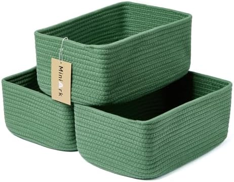 MiniArk Small Storage Baskets for Organizing | Closet Organizer Bins | Shelf Toy Basket | Woven Rope Baskets | Cube Decorative Box | Shallow Basket | 11.5x7.5x4.7” | 3 Packs Green