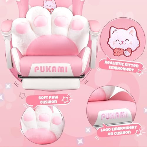 Pink Gaming Chair with Cat Ears & Footrest, Ergonomic Gaming Computer Desk Chair with Cat Paw Lumbar Support & Linked Armrests - Cute PU Leather Game Chair for Girls Adults
