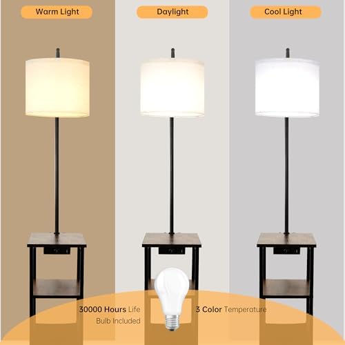 Qupui Floor Lamp with Table, USB Charging, Fabric Basket, Brown
