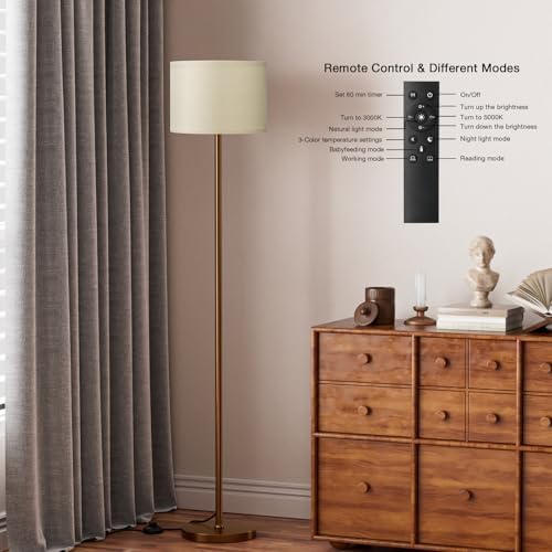 Ambimall Floor Lamps for Living Room with Remote Control and Stepless Dimmable Colors Temperature & Brightness, 9W Bulb Included(Beige Lampshade & Brown Pole)