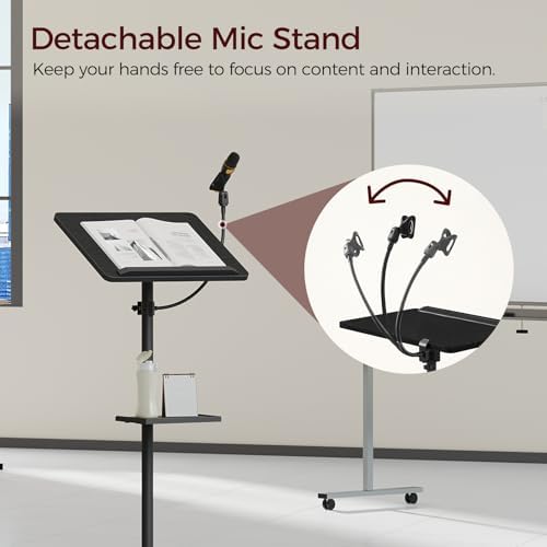 MAHANCRIS Podium Stand with Microphone Stand, Standing Desk and Laptop Desk with Storage Tray, 28.9-42.7 Inch Adjustable Height Portable Lectern for Classroom, Conference Room, Black LPBK4001