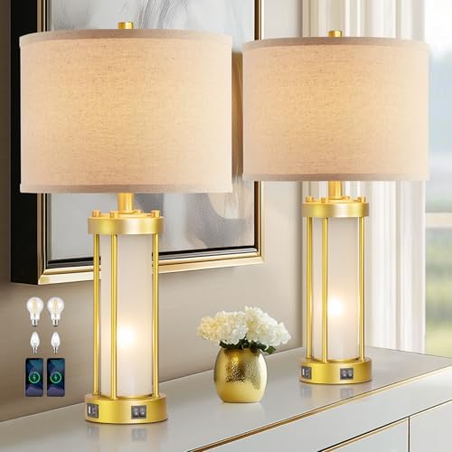 RORIA Modern Table Lamps for Living Room Set of 2 with 2 USB Ports