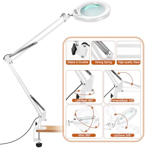 VEEMAGNI 5 Inch Large Real Glass Magnifying Glass with Light and Stand, 5 Color Modes Stepless Dimmable, 2*16 Inch Swivel Arm LED Clamp Desk Lamp, Hands Free 15X Lighted Magnifier for Crafting-White
