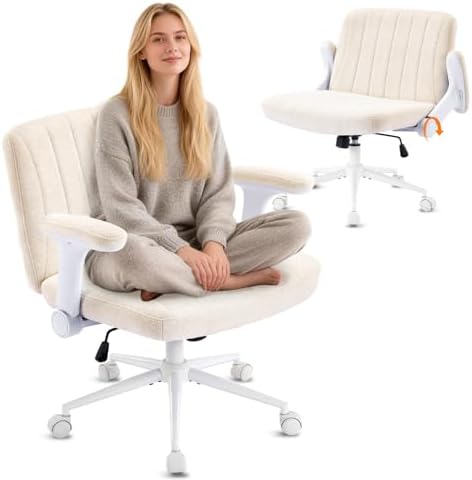 VINGLI Criss Cross Chair with Adjustable Flip-Up Arms,Cross Legged Chair with Wheels, Extra Wide Office Chair,Cozy Desk Chair for Home Office, Vanity, Apartment,Chenille Velvet,Beige