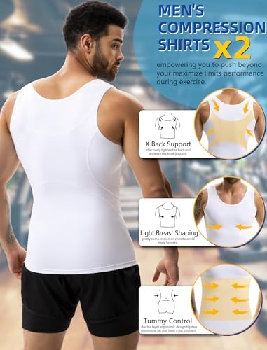 MISS MOLY 2 Pack Compression Shirt Mens Shapewear Tummy Control Posture Corrector Undershirt Tank Sleeveless Top Shaper