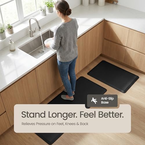 Anti Fatigue Kitchen Mats for Floor | Padded Kitchen Rugs | Non Slip, Cushioned Standing Desk Mat | Waterproof Floor Mat | 17.3" x 28" x 0.47" & 17.3" x 59" x 0.47", Black, 2-Pack | More Décor