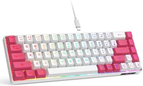 GEODMAER 65% Gaming Keyboard, LED Backlit Mini Wired Keyboard, Ultra-Compact Anti-Ghosting No-Conflict 68 Keys Membrane Gaming Wired Keyboard for PC Laptop Windows Gamer(White-Pink)
