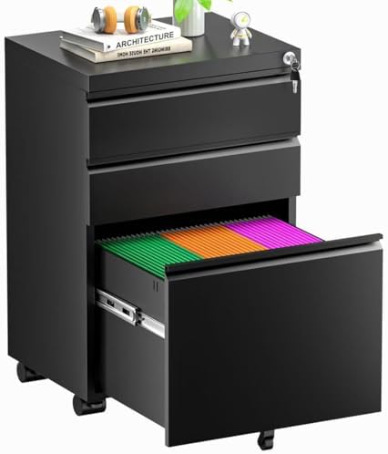 Superday Black File Cabinet 3 Drawer, Fully Assemble Metal Rolling Vertical Filing Cabinet with Wheels, Small Under Desk File Cabinets for Home Office