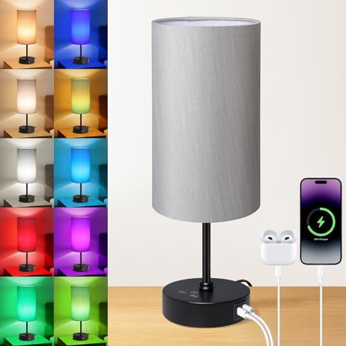 Unicozin 17Inch Table Lamp for Bedroom, Touch Control Bedside Lamp for Reading, 3 CCT & 7 RGB Color Changing, Dimmable Nightstand Lamp for Kids Room Living Room Office, Grey Shade