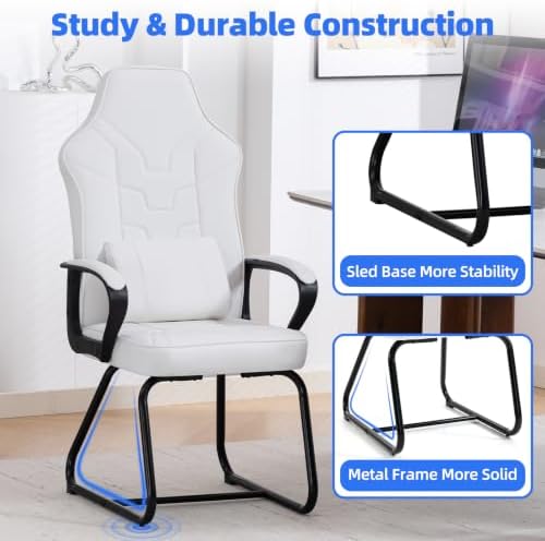 Leather Office Guest Chair No Wheels High Back Computer Reception Chairs with Padded Arms Waist Pillow for Gaming Meeting Conference Waiting Room, White