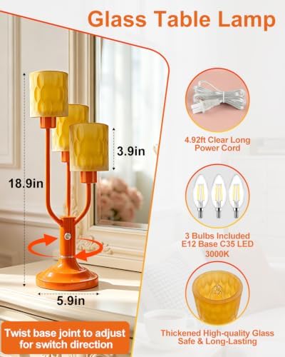 Lightdot Mid Century Modern Orange Glass Table Lamp for Bedroom Dimmable