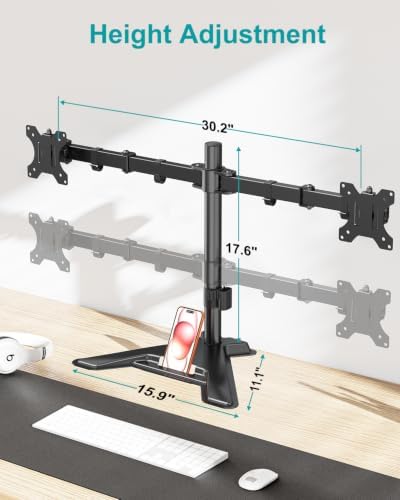 MOUNT PRO Dual Monitor Stand, Free-Standing Full Motion Monitor Desk Mount Fits 2 Screens up to 27 inches,17.6lbs with Height Adjustable, Swivel, Tilt, Rotation, VESA 75x75 100x100, Black