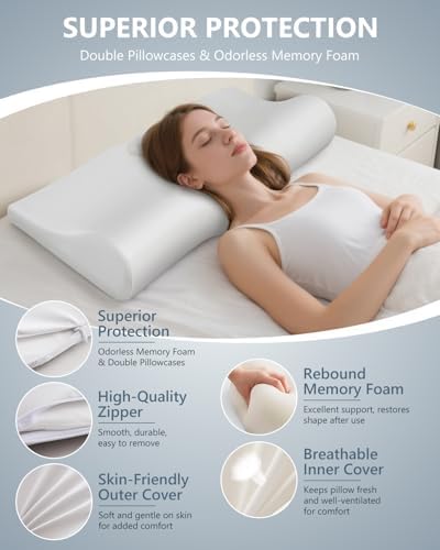 SMDR Ergonomic Memory Foam Cervical Pillow, Orthopedic Waterdrop Design Neck and Shoulder Support Pillow for Pain Relief, Spine Alignment, High-Low Contour (4.3"–1.2"), Washable Breathable Cover