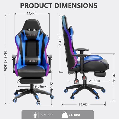 Mr IRONSTONE RGB Gaming Chair with Bluetooth Speakers, Multi-Point Vibration Massage Gaming Chair (Seat, Back & Lumbar), Ergonomic High Back Recliner, Footrest for Adults, Iridescent Blue