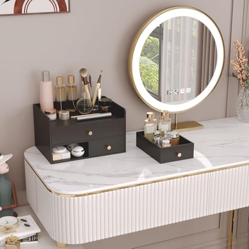 Bamboo Desk Organizer with Drawers,Wooden Desktop Storage (3 Drawers,Black)