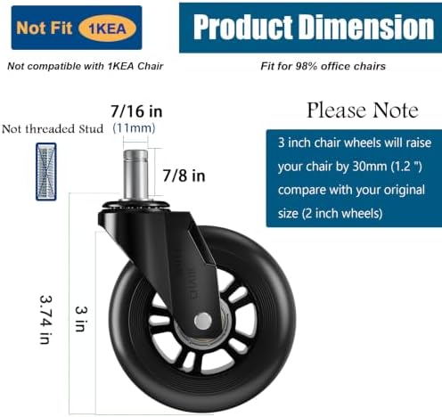 Office Chair Caster Wheels Replacement 3 Inch Roller Blade, Set of 5