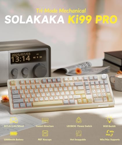 SOLAKAKA KI99 Pro 96% Wireless Gaming Keyboard, RGB Creamy Keyboardw with Knob, Hot-Swappable Pre-Lubed Switches, Gasket Structure Mechanical Keyboards (Beige-White, Non-Silent Version)