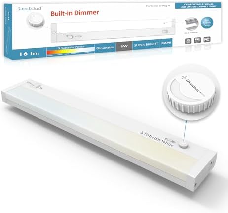 Leetdud Under Cabinet Lights Plug in or Hardwired Built-in Dimmer, 16 Inch 8W, 5CCT 2700K-5000K, Linkable Undercounter Lighting for Kitchen, ETL Dimmable LED Undercabient Light Fixture, White