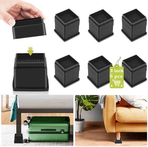 6 Pack Furniture Risers 3 Inch, Adjustable Bed Risers Heavy Duty for Table Desk Couch Chair Sofa Cabinet Bed Frame Dorm, Square Stackable Table Leg Risers Lift Height 1", 2” or 3", Black