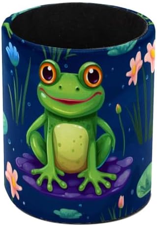 Pencil Holder for Desk, Cute Frog Pen Cup Makeup Brush Holder, Leather Desktop Organizer Storage Case Stationery for School Home Office Supplies