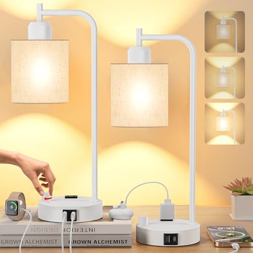 SIBRILLE Industrial Table Lamps with Linen Shade, Set of 2 Fully Dimmable Bedside Lamps with USB A+C Ports and Outlet, White Nightstand Desk Lamps for Bedrooms Living Room Office, 2 LED Bulbs Included