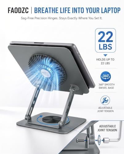 Laptop Stand with Cooling Fan, 360° Rotating Base, Adjustable Height & Angle, Ergonomic Computer Riser with Non-Slip Silicone Pads