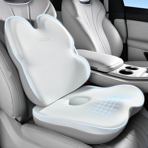 Coverado Seat Cushion and Back Support for Office Chair Memory Foam Chair Pad Office Chair Lumbar Support for Car Chair Cushion for Back Pain for Truck Driver, Gaming Chair, Desk Gray&Light Gray