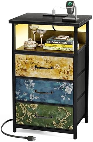 Fixwal Night Stand with 3 Fabric Drawers, Nightstand with Charging Station