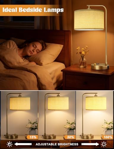 20.7" Gold Table Lamp with USB & Outlet, Fully Dimmable Nightstand Lamp