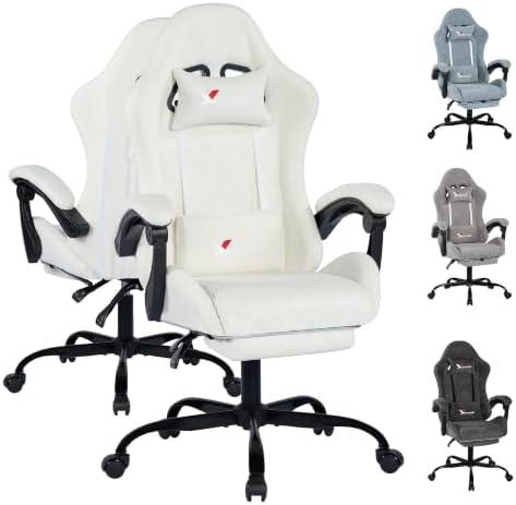 Fabric Gaming Chair for Adults, Ergonomic Computer Office Desk Chair with Footrest,Pocket Spring Cushion, Reclining High Back Silla Gamer for Home Office, White