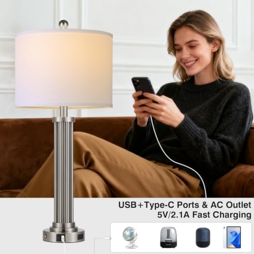 28" Tall Modern Table Lamp with USB C+A Ports and AC Outlet, 3 Way Touch Metal Bedside Lamps for Bedroom, Silver Nightstand Lamp for Living Room