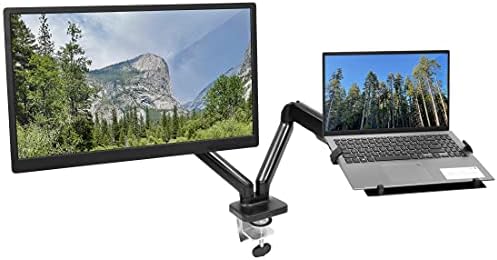 Mount-It! Monitor and Laptop Desk Mount, Height Adjustable Dual Arm Stand with Vented Laptop Tray, Fits Laptops up to 17 Inch and 13–27 Inch Monitors, VESA 75x75 & 100x100, Clamp or Grommet Mount