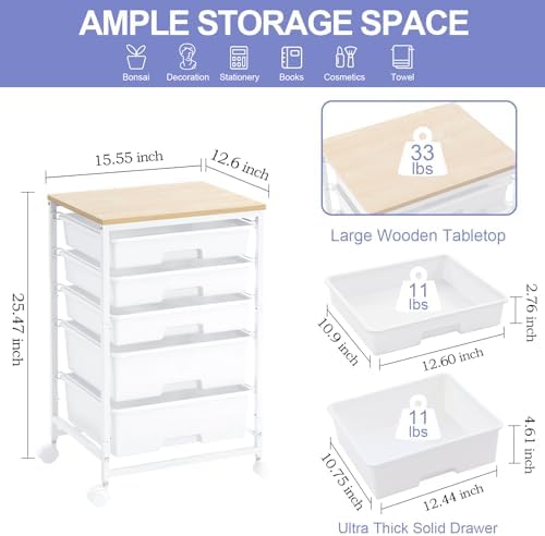 SYKIARIOL Rolling Cart with Drawers, 5 Drawers Utility Cart, Bright White