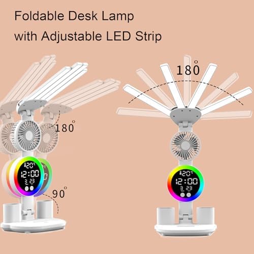 6-in-1 Led Desk Lamp Adjustable Foldable Table Lamp with Fan, Clock, Dates, Temperature, Pen Holder, 3 Color & Stepless Dimming, Reading Lamp for Study Table Work Office